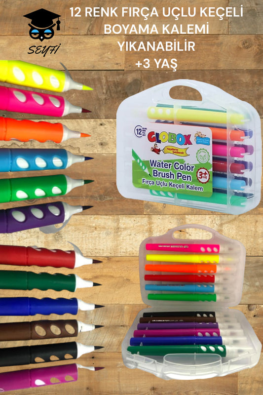 12 RENK FIRÇA UÇLU KEÇELİ BOYAMA KALEMİ YIKANABİLİR +3 YAŞ WATER COLOR BRUSH PEN