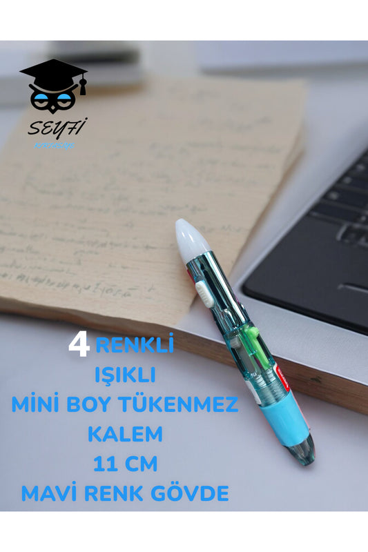 4 RENKLİ IŞIKLI MİNİ BOY TÜKENMEZ KALEM 11 CM RENKLİ GÖVDE