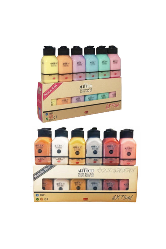 Akrilik Boya 6x75 ml Metalik Renkler + 6x75ml Pastel Renkler Set