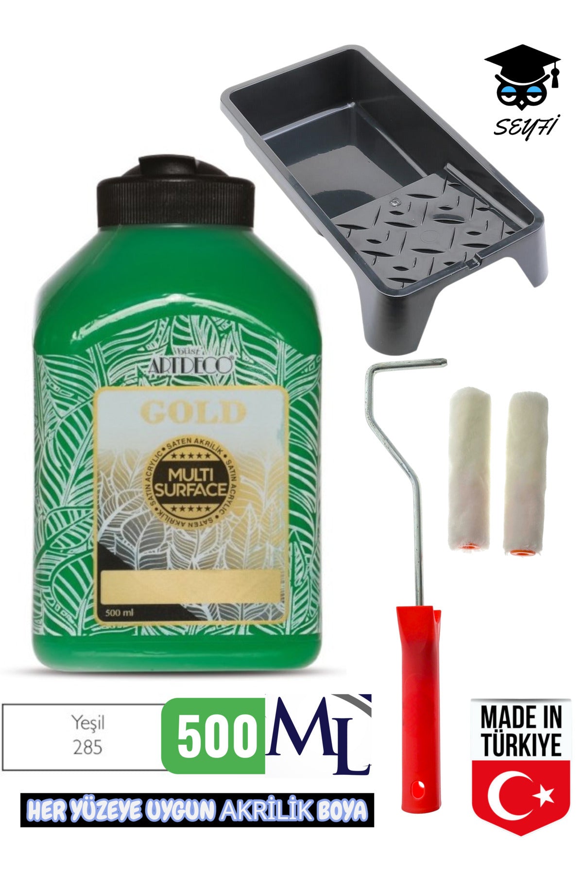 500 ml Multi Surface Akrilik boya seti her yüzeye uygun boya tavası ve rulo seti artdeco