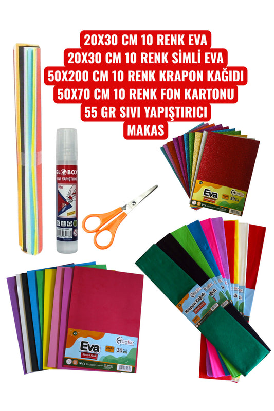 20X30 CM 10 RENK EVA 20X30 CM 10 RENK SİMLİ EVA 50X200 CM 10 RENK KRAPON KAĞIDI 50X70 CM 10 RENK FON KARTONU 55 GR SIVI YAPIŞTIRICI MAKAS