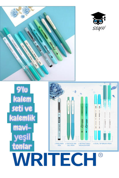 writech 9'lu kalem seti tükenmez kalem seti jel kalem fosforlu kalem fırça uçlu kalem çift taraflı