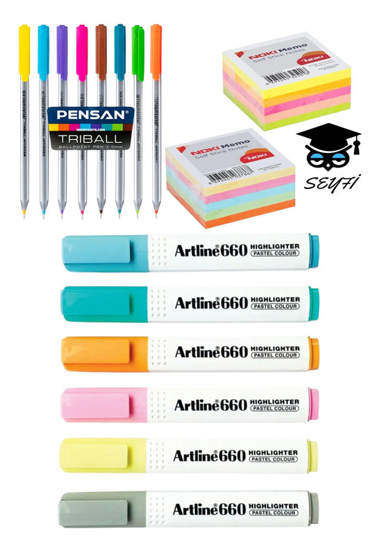 6 adet fosforlu kalem 8 adet tükenmez kalem 1er adet neon ve pastel yapışkanlı kağıt yazı seti