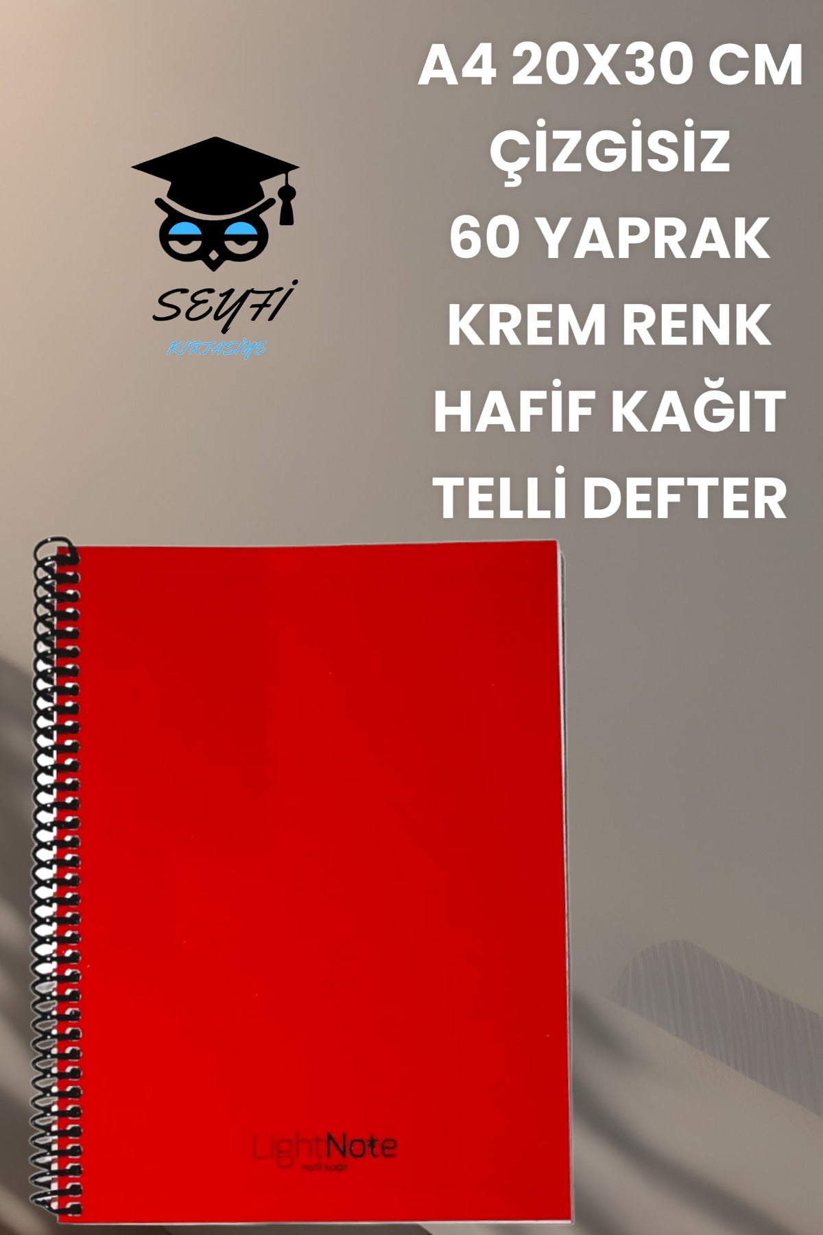 A4 20X30 CM Çizgisiz 60 Yaprak Telli Plastik Kapak Hafif Defter Light Book Krem Renk Kağıt