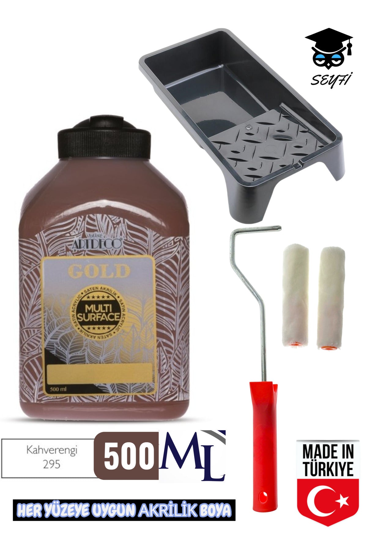 500 ml Multi Surface Akrilik boya seti her yüzeye uygun boya tavası ve rulo seti artdeco