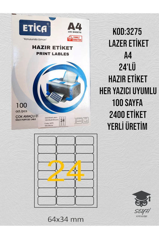 3275 LAZER ETİKET A4 24'LÜ HAZIR ETİKET HER YAZICI UYUMLU 100 SAYFA 2400 ETİKET YERLİ ÜRETİM
