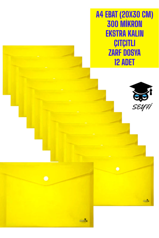 A4 EBAT (20X30 CM) 300 MİKRON EKSTRA KALIN PLASTİK ÇITÇITLI ZARF DOSYA 12 ADET