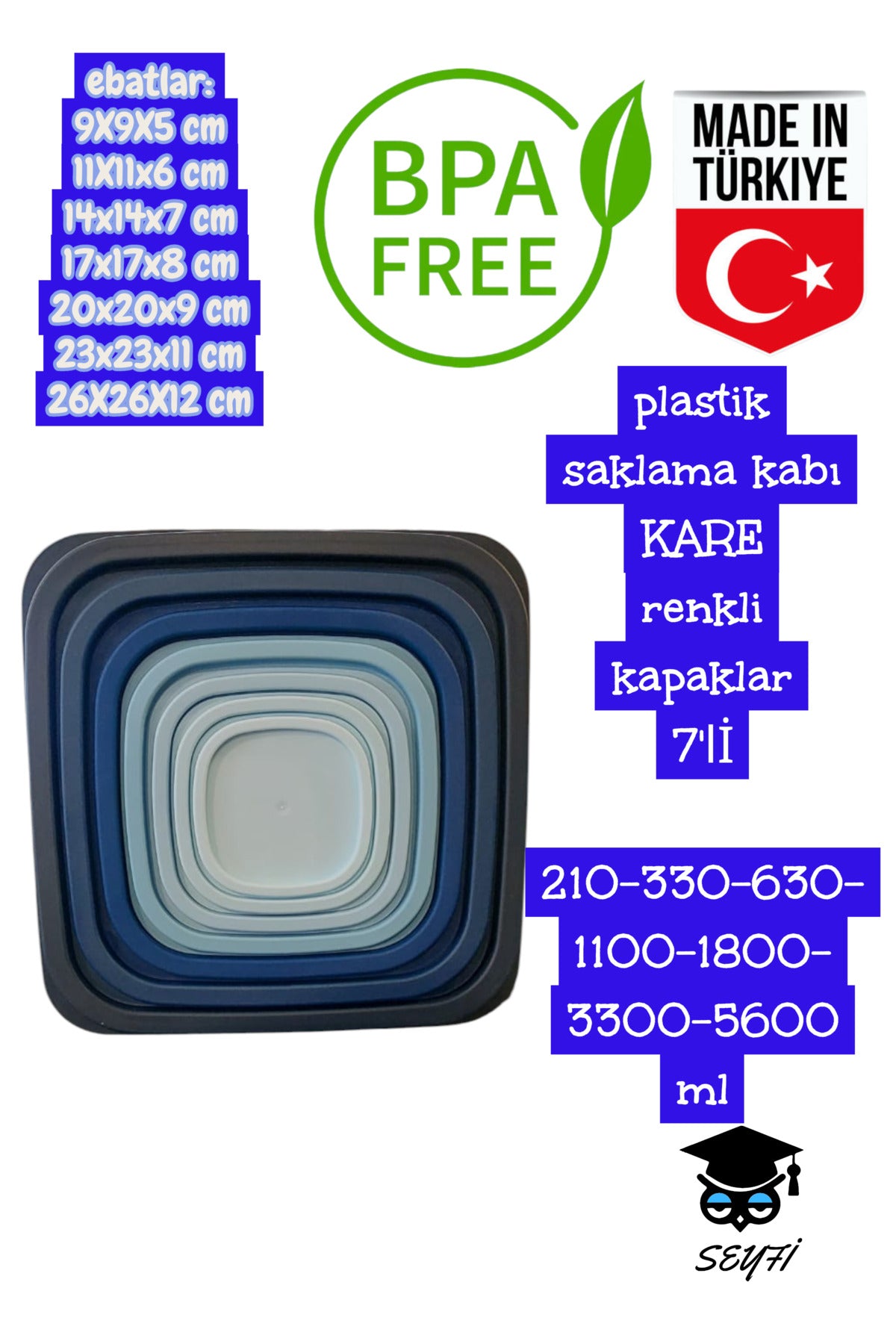 plastik saklama kabı KARE renkli kapaklar 7'lİ 210-330-630-1100-1800- 3300-5600 ml