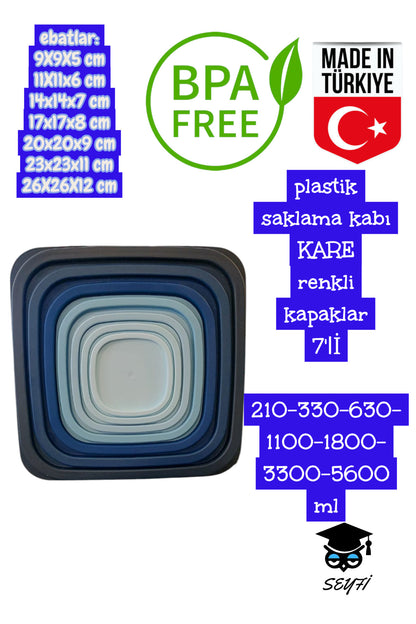 plastik saklama kabı KARE renkli kapaklar 7'lİ 210-330-630-1100-1800- 3300-5600 ml