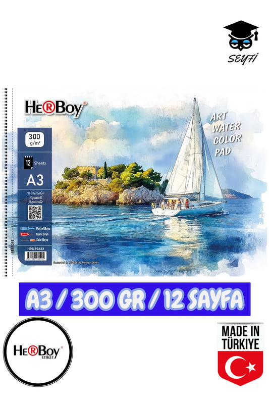 30X40 CM A3 sulu boya eskiz kara kalem çizim defteri 300 gr TELLİ 12 sayfa HERBOY