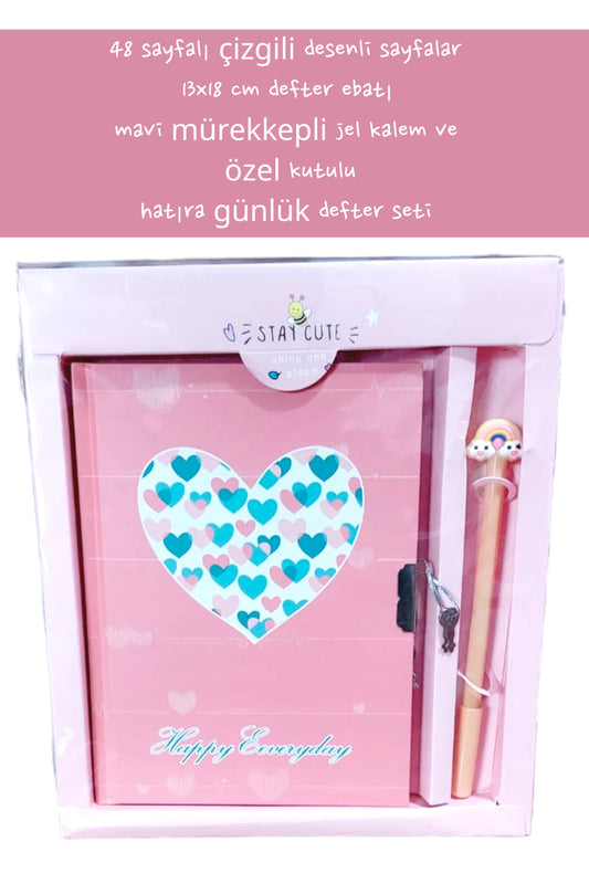 48 sayfalı çizgili desenli sayfalar 13x18 cm defter ebatı mavi mürekkepli jel kalem özel kutulu