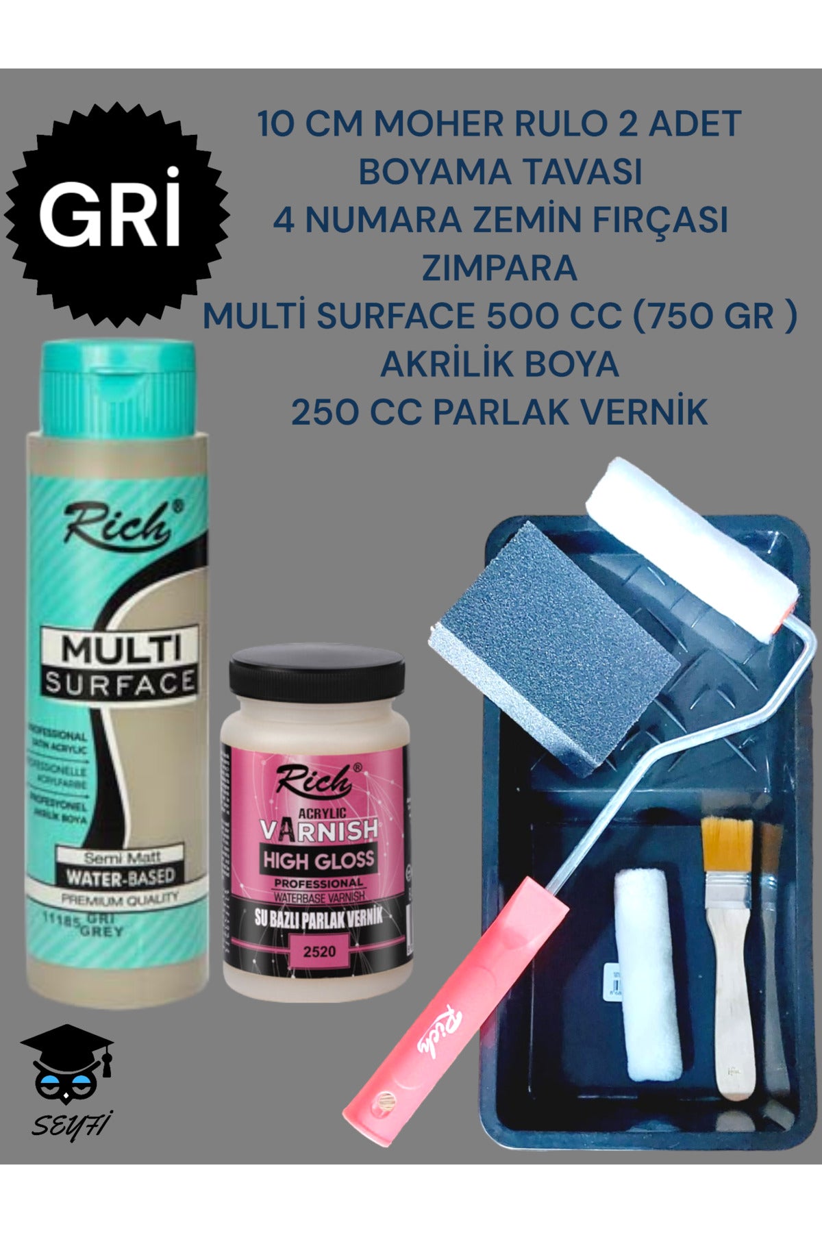 Multi Surface 500cc (750 Gr) Akrilik Boyama Seti TAVA RULO FIRÇA ZIMPARA VERNİK DOLAP BOYAMA SETİ