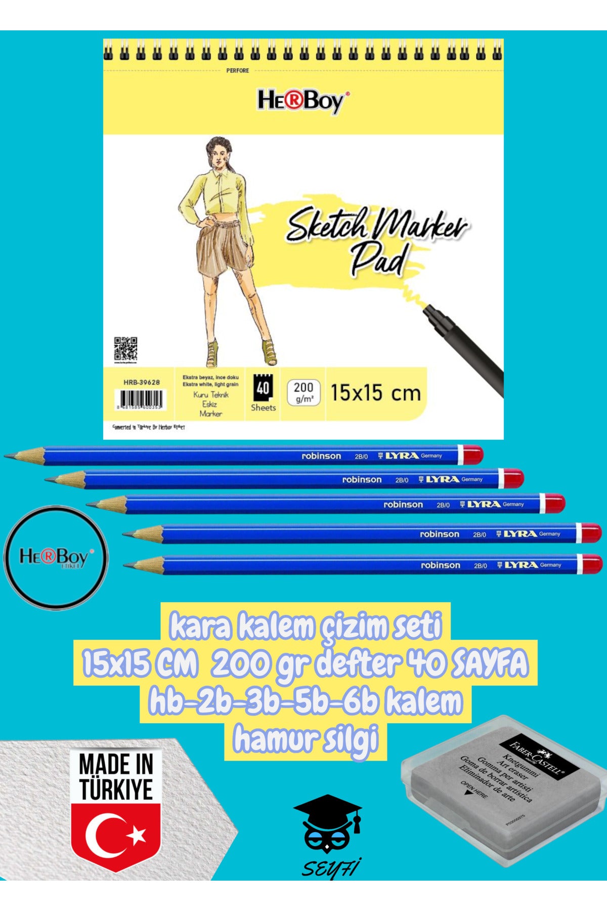 kara kalem çizim seti 15x15 CM 200 gr defter 40 SAYFA hb-2b-3b-5b-6b kalem hamur silgi herboy