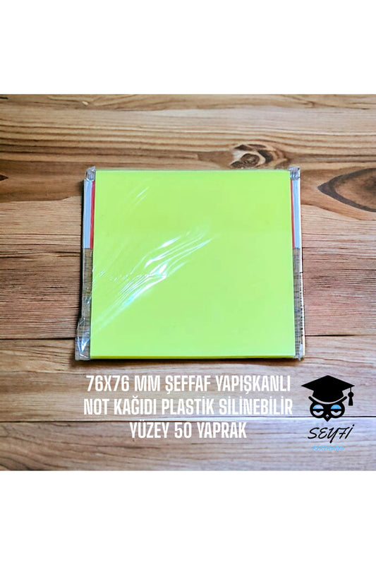 SARI 76X76 MM ŞEFFAF YAPIŞKANLI NOT KAĞIDI PLASTİK SİLİNEBİLİR YÜZEY 50 YAPRAK