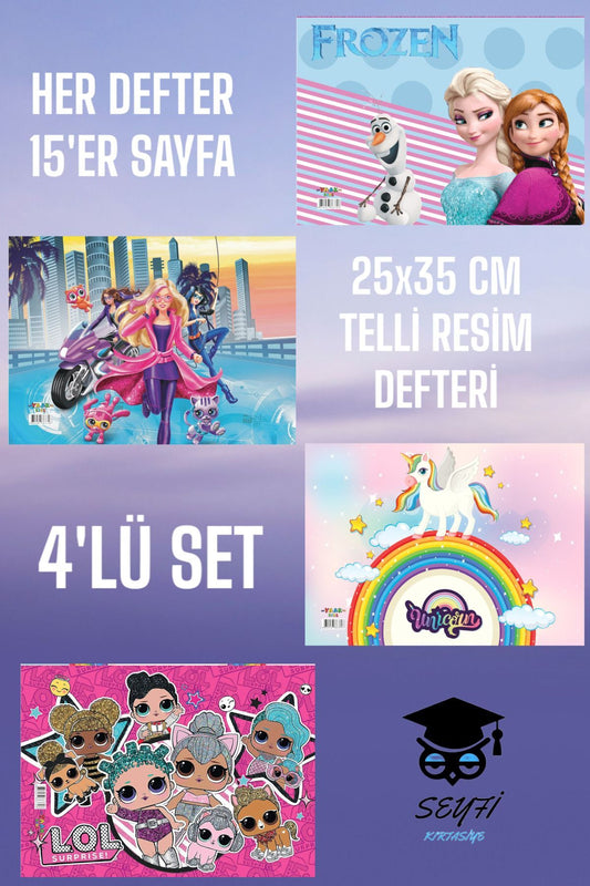 4 Adet 25x35 Telli Resim Defteri Kız Modelleri 15 Sayfalı