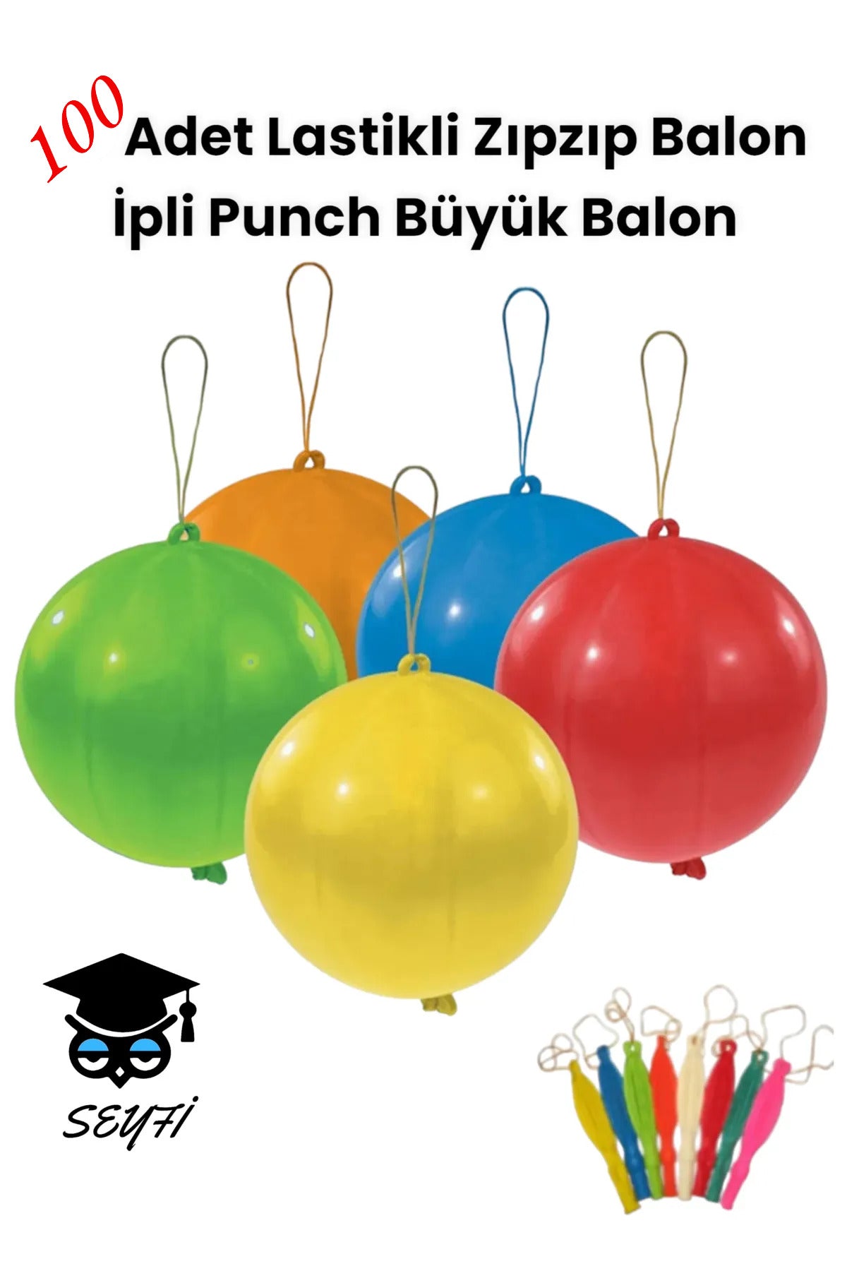 100 Adet Lastikli Zıpzıp Balon Ipli Punch Panç Büyük Balon