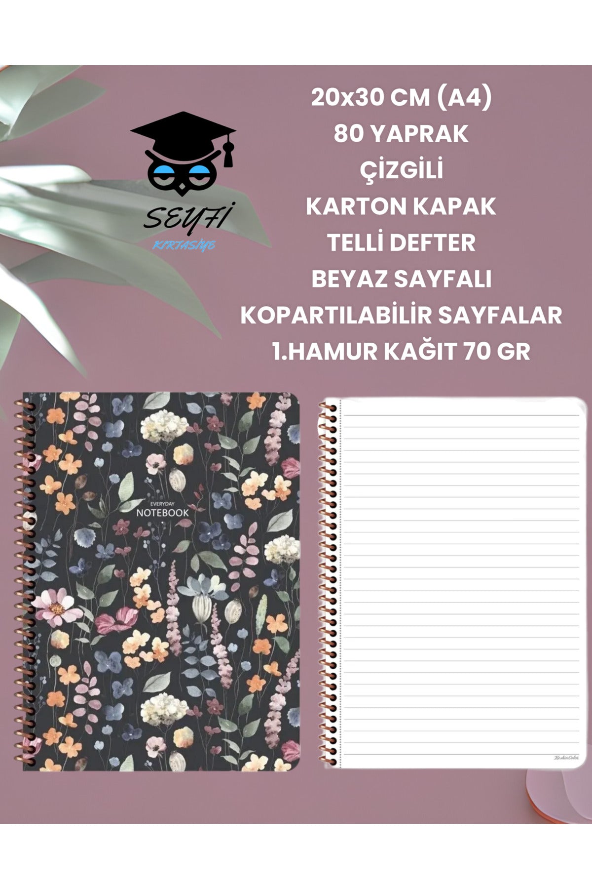 20x30 CM (A4) 80 YAPRAK ÇİZGİLİ KARTON KAPAK TELLİ DEFTER BEYAZ SAYFALI KOPARTILABİLİR SAYFALAR