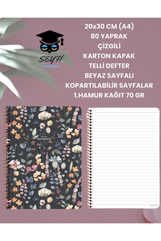 20x30 CM (A4) 80 YAPRAK ÇİZGİLİ KARTON KAPAK TELLİ DEFTER BEYAZ SAYFALI KOPARTILABİLİR SAYFALAR