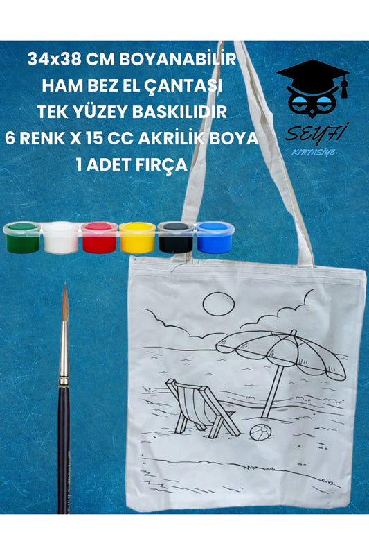 34x38 CM BOYANABİLİR HAM BEZ EL ÇANTASI TEK YÜZEY BASKILIDIR 6 RENK X 15 CC AKRİLİK BOYA 1 FIRÇA