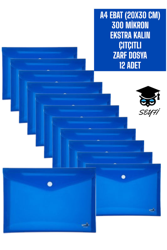 A4 EBAT (20X30 CM) 300 MİKRON EKSTRA KALIN PLASTİK ÇITÇITLI ZARF DOSYA 12 ADET