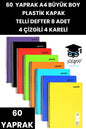 60 YAPRAK A4 TELLİ DEFTER 8 ADET 4 ÇİZGİLİ 4 KARELİ PLASTİK KAPAK