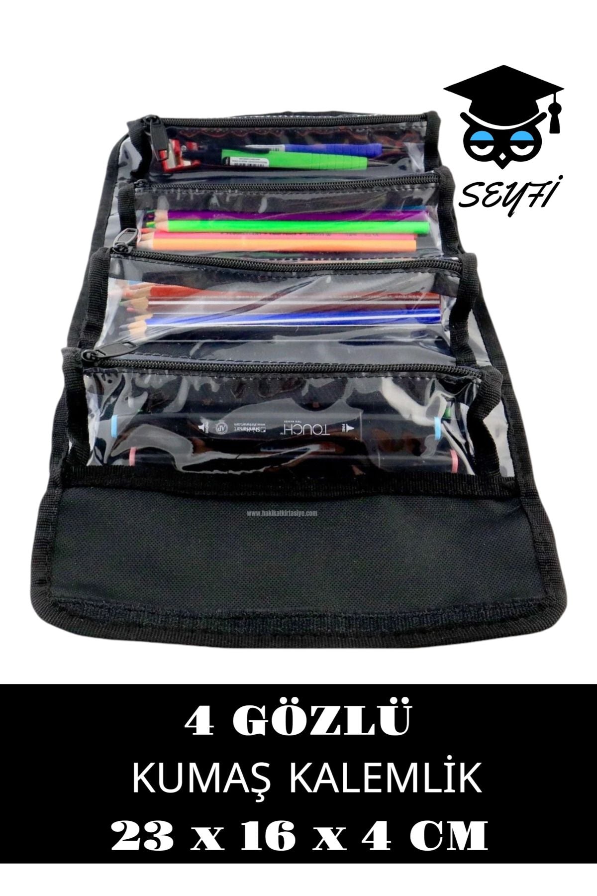 Sanatsal 4 Gözlü Kalem Çantası Dörtgen Siyah 23 x 16 x 4 cm Şeffaf bölmeli kalemler dahil değildir