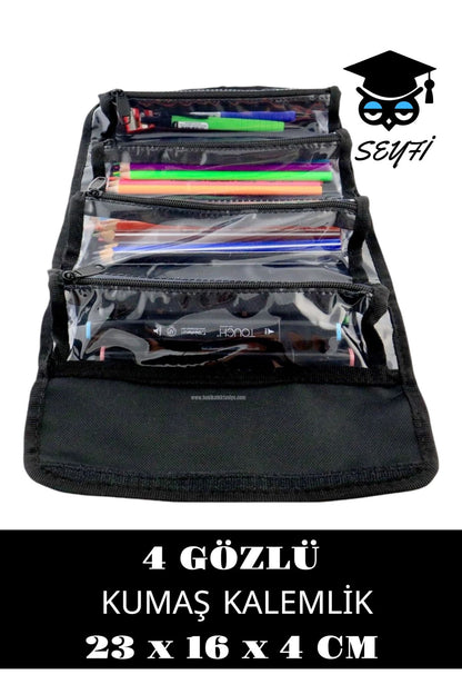 Sanatsal 4 Gözlü Kalem Çantası Dörtgen Siyah 23 x 16 x 4 cm Şeffaf bölmeli kalemler dahil değildir