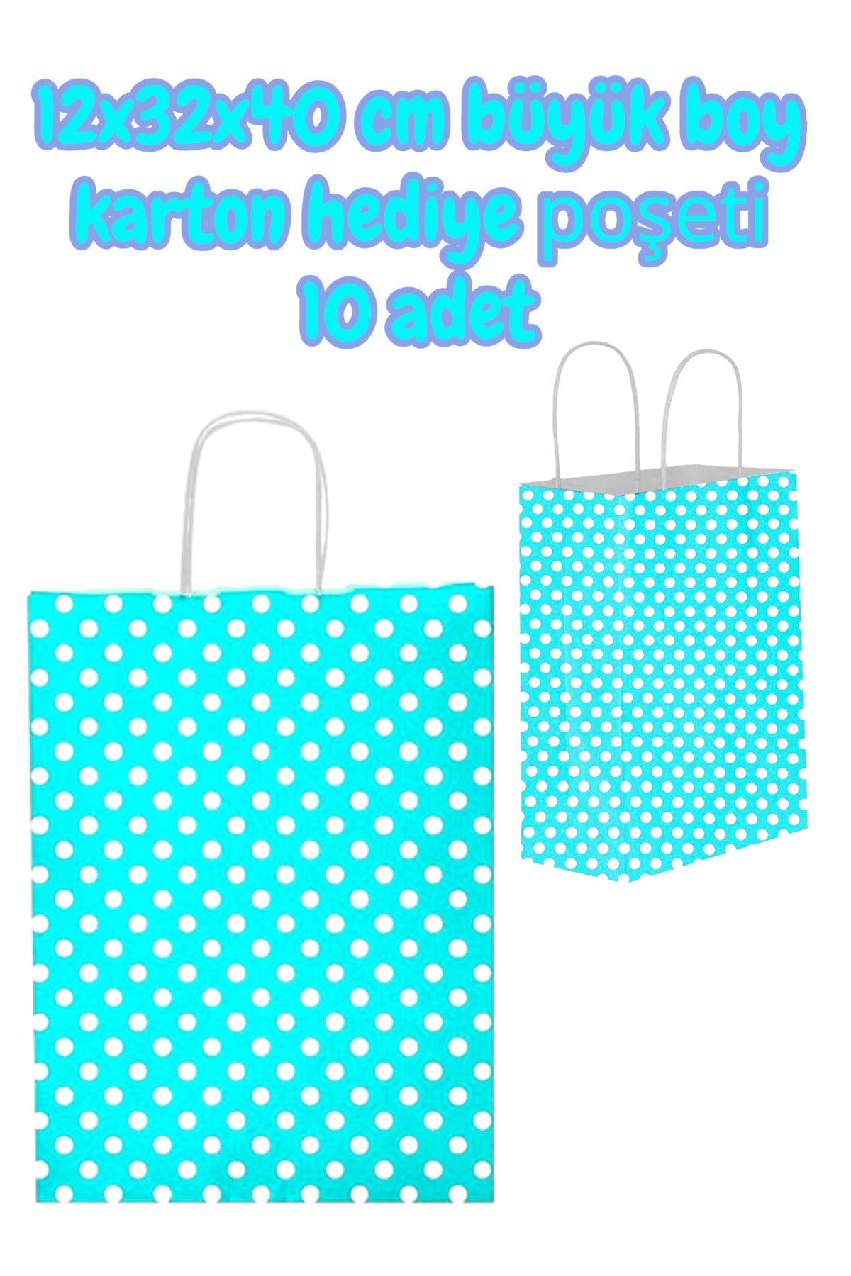 MAVİ PUANTİYE 12x32x40 cm büyük boy karton hediye poşeti 10 adet