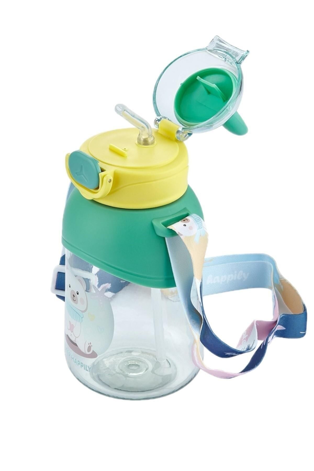 Boyun Askılı Pipetli Kilitli Kapak 650 Ml Okul Su Matarası 3 Renk pembe