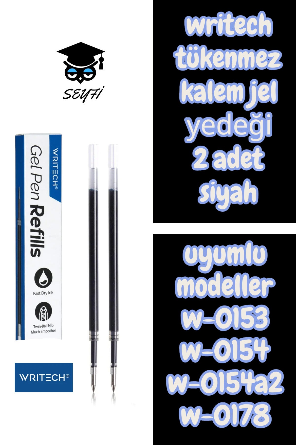 writech tükenmez kalem jel yedeği 2 adet siyah uyumlu modeller w-0153 w-0154 w-0154a2 w-0178
