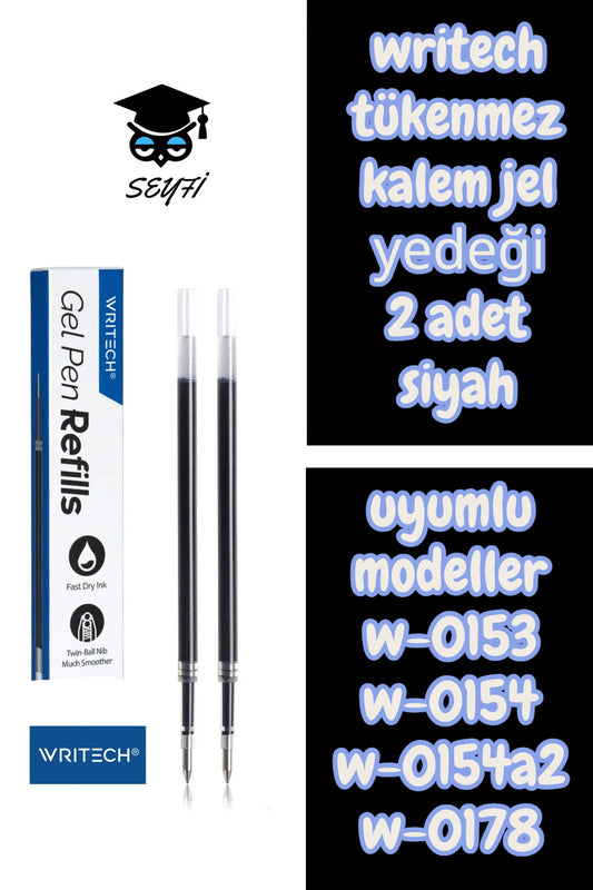 writech tükenmez kalem jel yedeği 2 adet siyah uyumlu modeller w-0153 w-0154 w-0154a2 w-0178