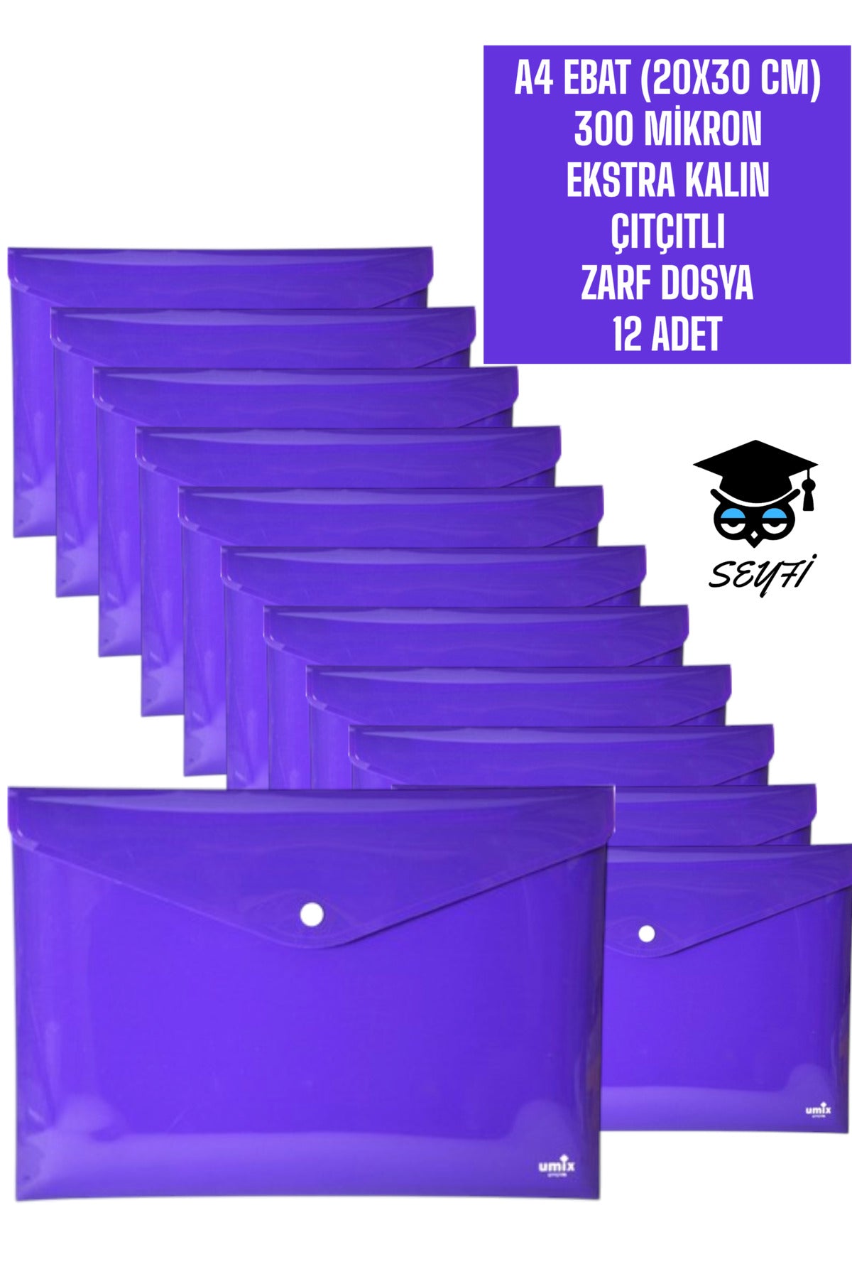 A4 EBAT (20X30 CM) 300 MİKRON EKSTRA KALIN PLASTİK ÇITÇITLI ZARF DOSYA 12 ADET