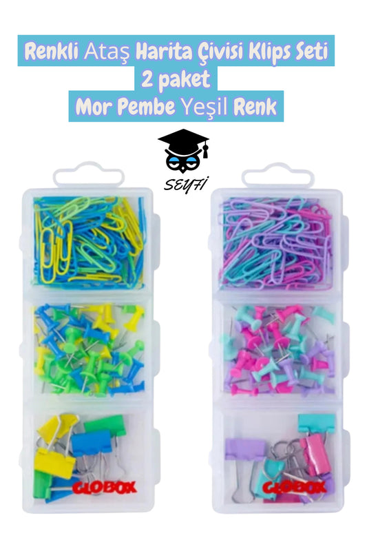 Renkli Ataş Harita Çivisi Klips Seti 2 paket Mor Pembe Yeşil Renk