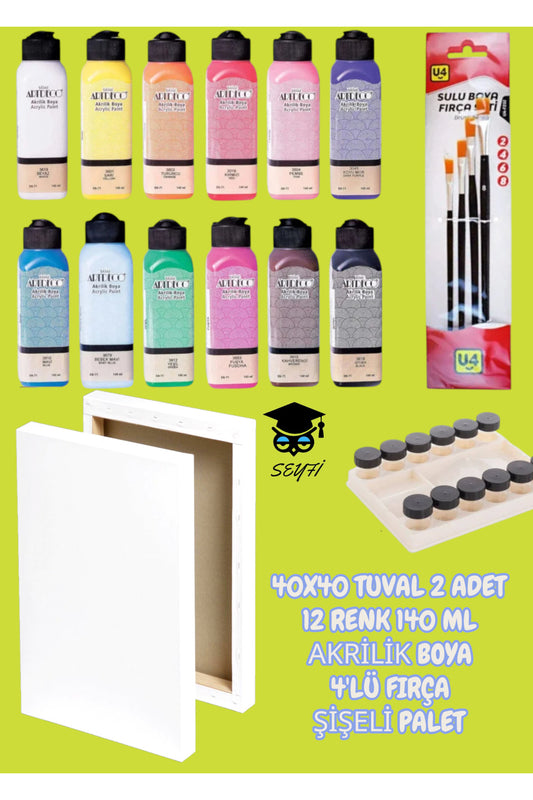 40X40 TUVAL 2 ADET 12 RENK 140 ML AKRİLİK BOYA 4'LÜ FIRÇA ŞİŞELİ PALET