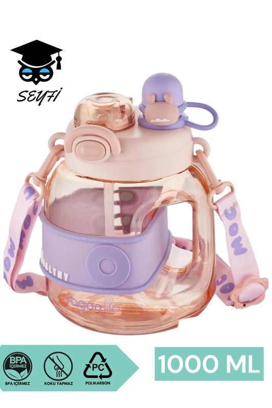 1000 ML Tek Kapak Çift Kullanım Pipetli /Rahat İçim Boyun Askılı Çocuk Su Matarası suluk vagonlife