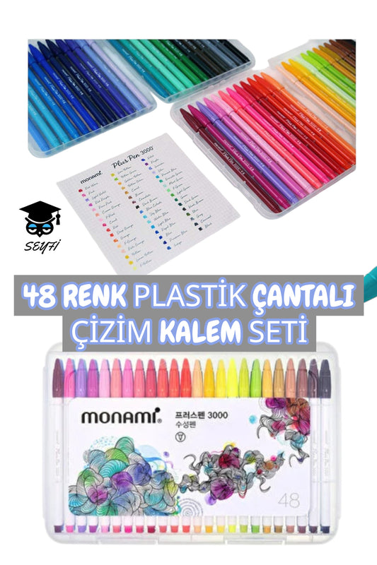 48 RENK PLASTİK ÇANTALI ÇİZİM KALEM SETİ 0.4 MM KEÇE UÇ
