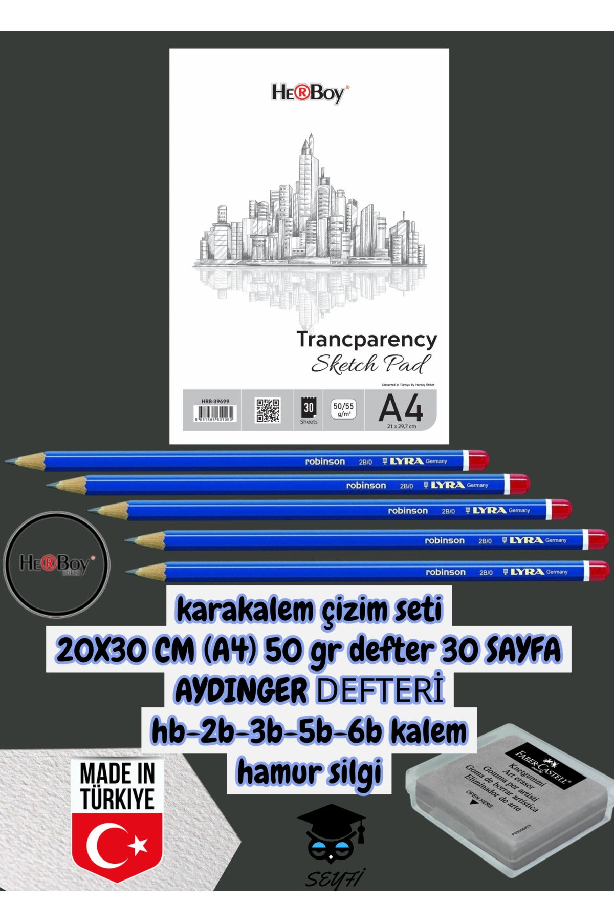 kara kalem çizim seti 20X30 CM A4 50 gr defter 30 SAYFA AYDINGER hb-2b-3b-5b-6b kalemi herboy