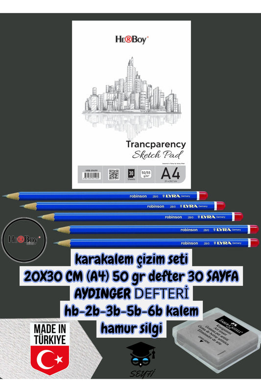 kara kalem çizim seti 20X30 CM A4 50 gr defter 30 SAYFA AYDINGER hb-2b-3b-5b-6b kalemi herboy