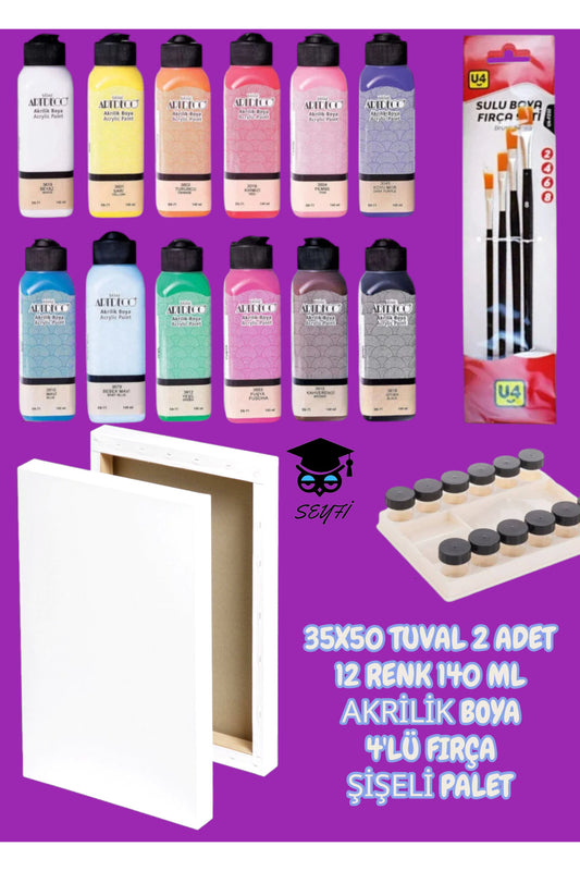 35X50 TUVAL 2 ADET 12 RENK 140 ML AKRİLİK BOYA 4'LÜ FIRÇA ŞİŞELİ PALET