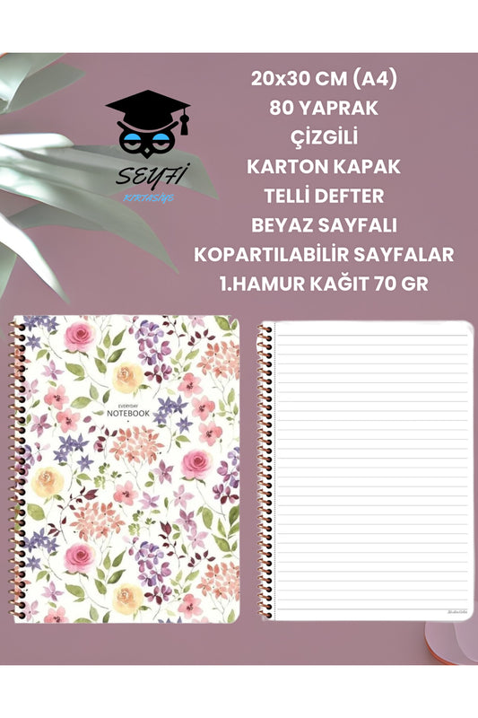 20x30 CM (A4) 80 YAPRAK ÇİZGİLİ KARTON KAPAK TELLİ DEFTER BEYAZ SAYFALI KOPARTILABİLİR SAYFALAR