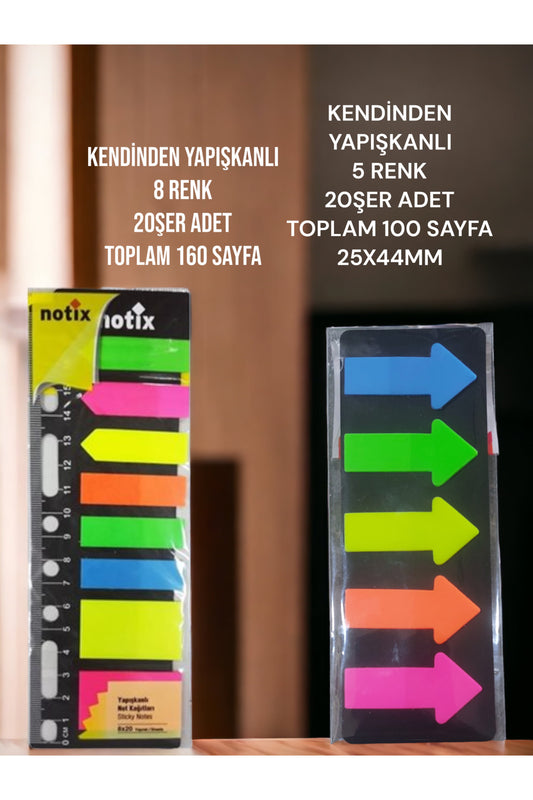 OK ŞEKİLLİ YAPIŞKANLI KAĞIT POST-İT 5 RENK X 20ŞER SAYFA + NOTİX yapışkanlı kağıt seti