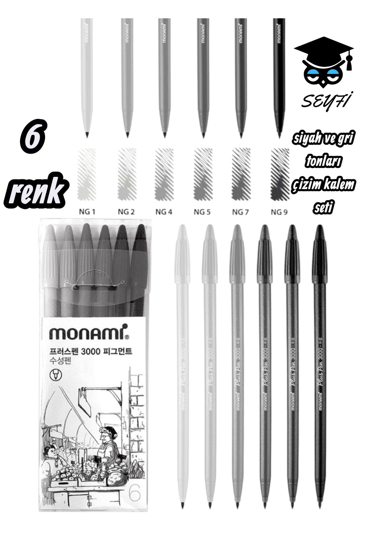 Monami 6 Renk siyah ve gri renk tonları çizim kalem seti 0.4 mm ince uç