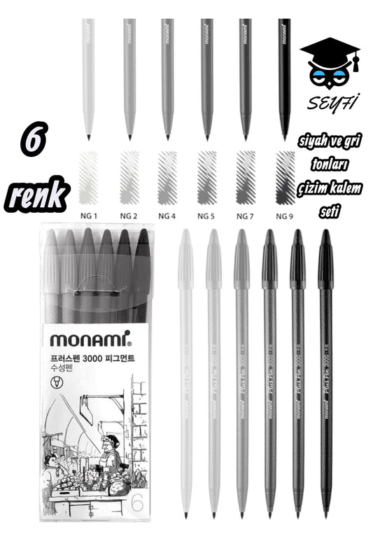 Monami 6 Renk siyah ve gri renk tonları çizim kalem seti 0.4 mm ince uç