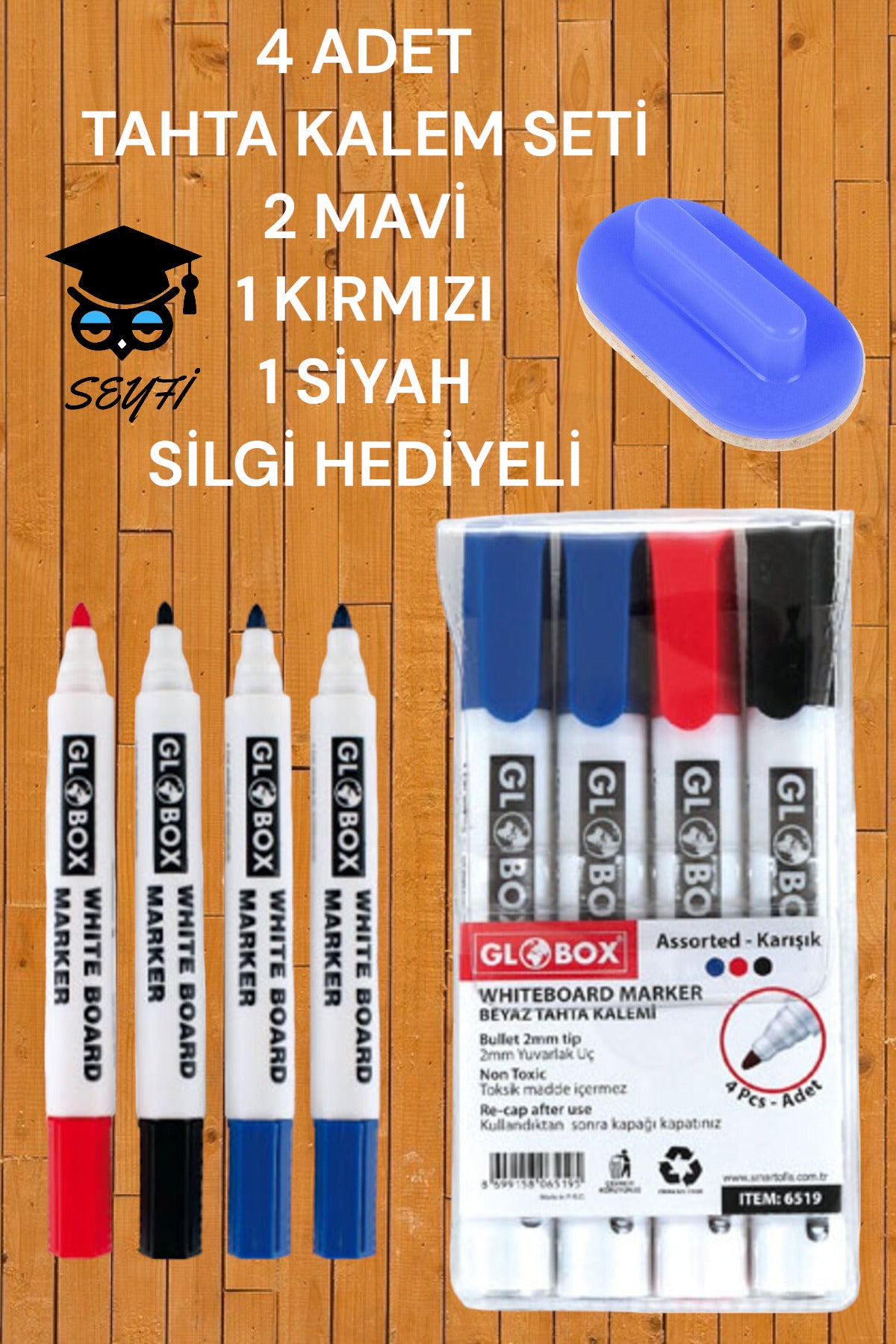 4 ADET TAHTA KALEM SETİ 2 MAVİ 1 KIRMIZI 1 SİYAH TAHTA SİLGİSİ