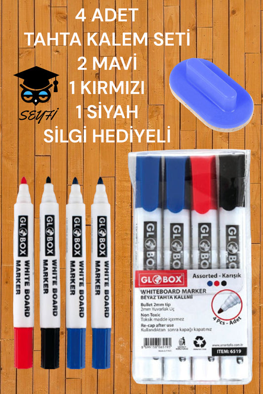 4 ADET TAHTA KALEM SETİ 2 MAVİ 1 KIRMIZI 1 SİYAH TAHTA SİLGİSİ