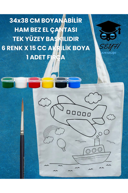 34x38 CM BOYANABİLİR HAM BEZ EL ÇANTASI TEK YÜZEY BASKILIDIR 6 RENK X 15 CC AKRİLİK BOYA 1 FIRÇA