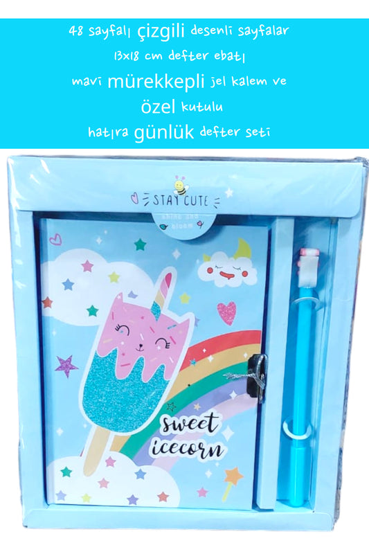 48 sayfalı çizgili desenli sayfalar 13x18 cm defter ebatı mavi mürekkepli jel kalem özel kutulu