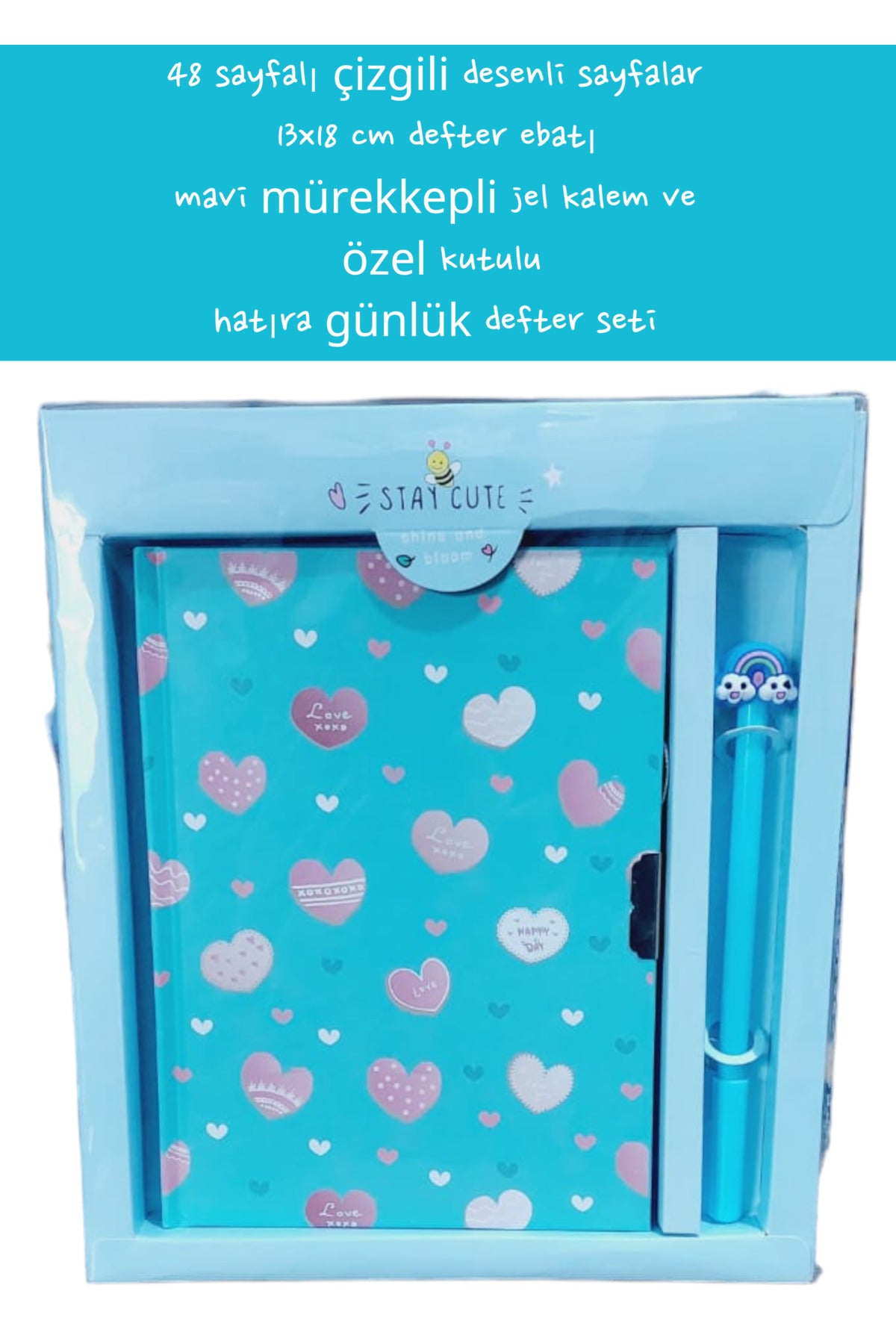 48 sayfalı çizgili desenli sayfalar 13x18 cm defter ebatı mavi mürekkepli jel kalem özel kutulu
