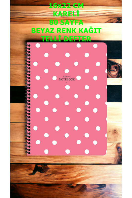 KARELİ 16X22 CM 80 YAPRAK PLASTİK KAPAK TELLİ DEFTER BEYAZ RENK SAYFALI PUANTİYE DESENLİ