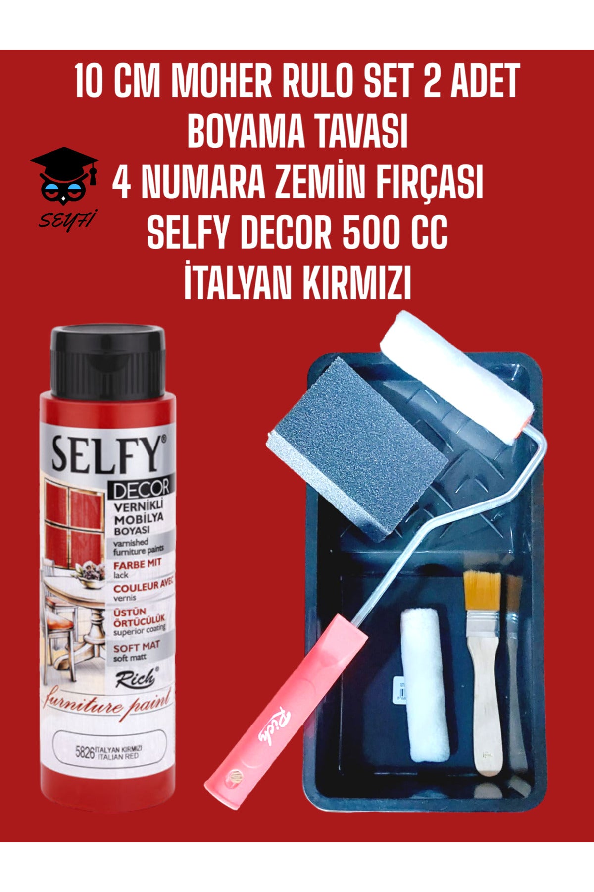 İtalyan Kırmızı Selfy Decor 500 Cc (750 GR) Kendinden Vernikli Akrilik Dolap Boyama Seti Zımpara